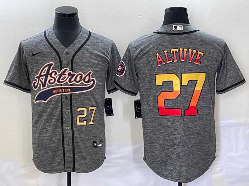 Men%27s Houston Astros #27 Jose Altuve Number Grey Gridiron Cool Base Stitched Baseball Jersey